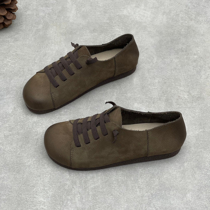 Women’s Handmade Leather Round Toe Flats – Lace-Up Lightweight Casual Shoes