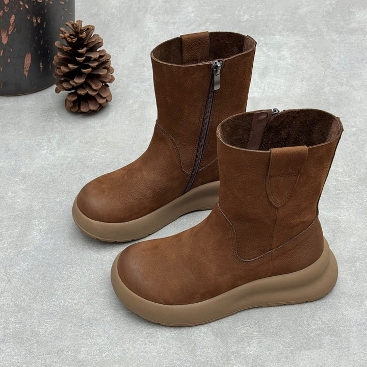 Women's Top-Grain Leather Mid Calf Boots Side Zipper Platform Casual Wedge Booties