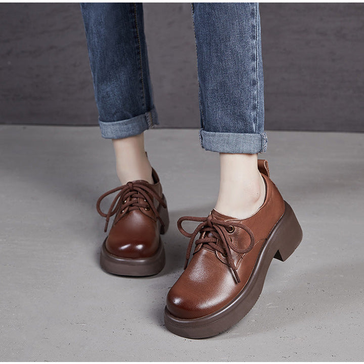 Women's Retro Leather Oxford Shoes Vintage Round Toe Platform Lace-up Chunky Heels