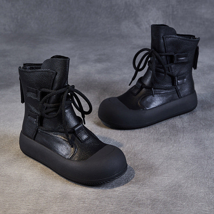 Women's Lace-Up Platform Boots – Genuine Leather Casual Back Zipper Boots