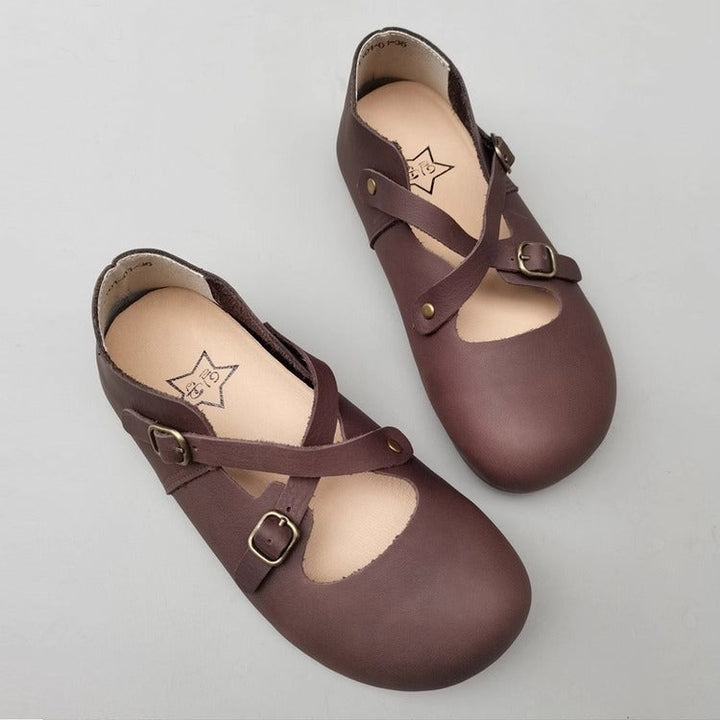 Women's Vintage Handmade Leather Shoes – Cross Strap, Buckle & Soft Sole