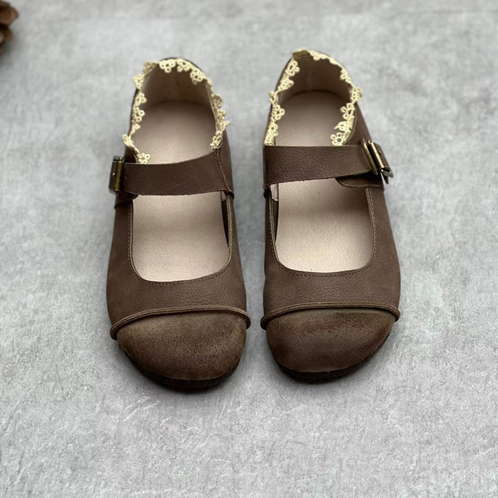 Womens Lace Patchwork Leather Soft Mori Style Buckle Flats Mary Jane Shoes