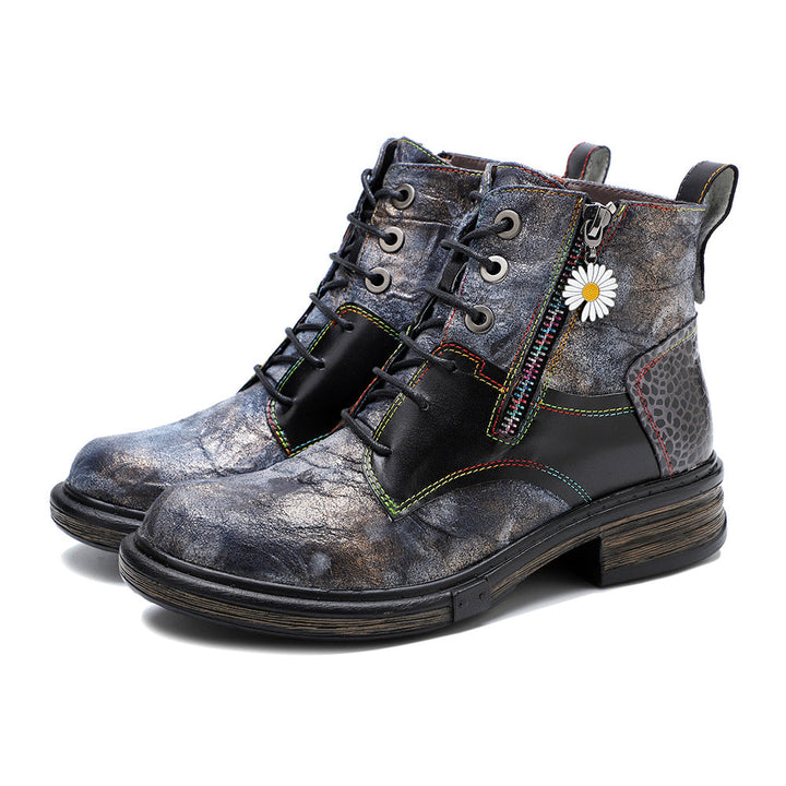 Floral Print Combat Boots for Women - Leather Lace-up Booties with Side Zipper