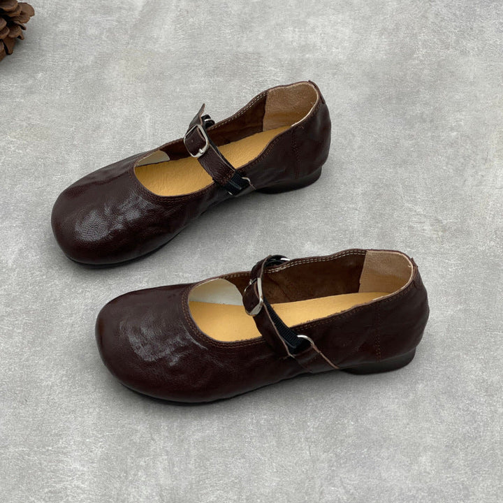 Women’s Handmade Sheepskin Mary Jane Flats – Vintage Round Toe Slip-On Shoes