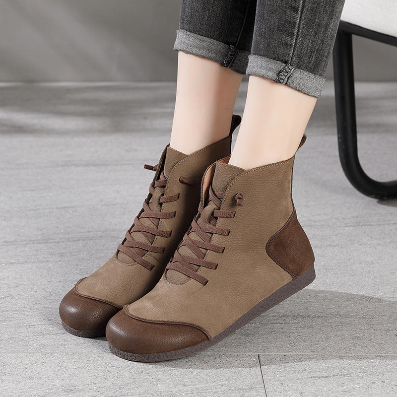 Women's Leather Contrast Panel Ankle Boots - Round-Toe Lace-Up Design