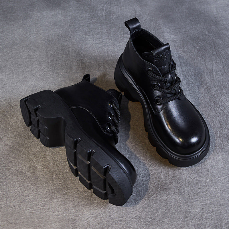 Women's Retro Genuine Leather Platform Lace-Up Chunky Boots