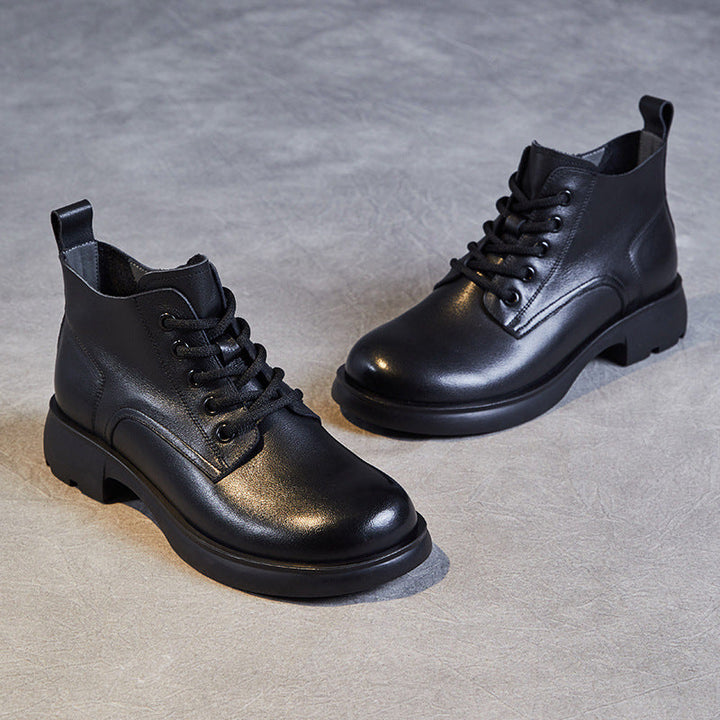 Women's Genuine Leather Casual Ankle Boots – Round Toe with Side Zipper