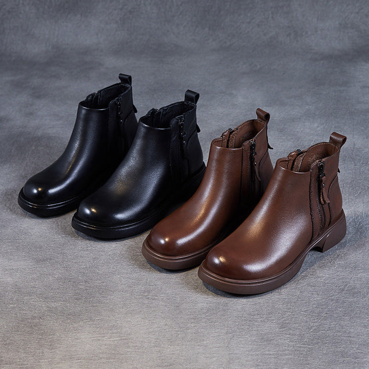 Women's Genuine Leather Casual Ankle Boots – Comfortable Double Zipper Design