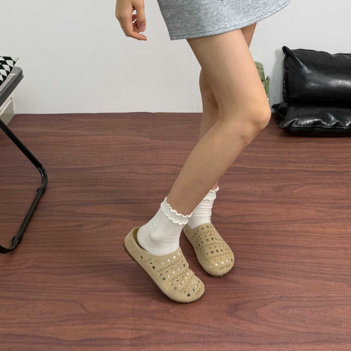 Women's Platform Leather Clogs Perforated Hollow-Out Mules Barefoot-Friendly Slippers