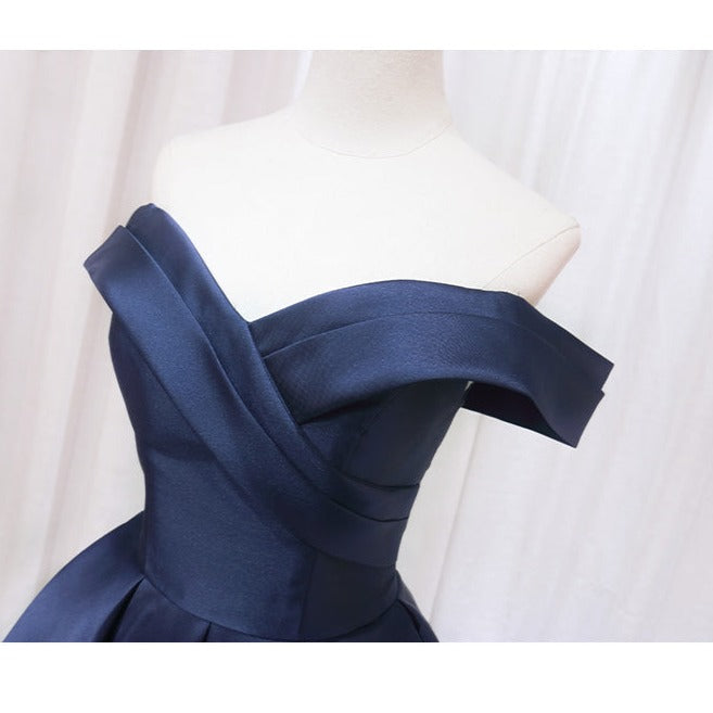 Navy Pleated Satin Homecoming Dress With Off Shoulder