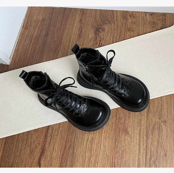 Women's Ankle Boots Lace Up Mid Calf Combat Booties Platform Low Heel
