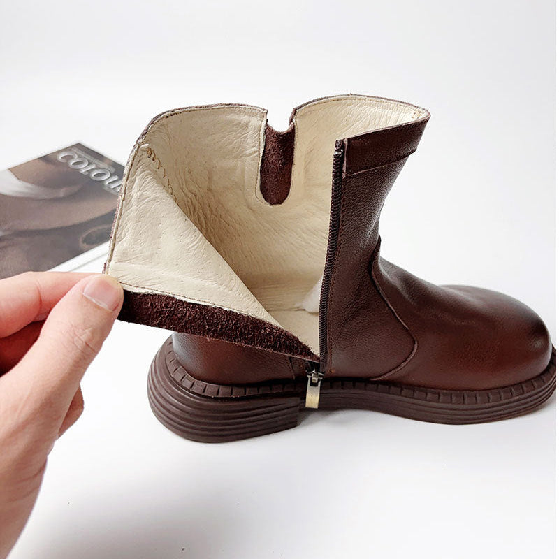 Women's Cowhide Leather Ankle Boots Side Zipper Buckle Strap Casual Low Heel Booties
