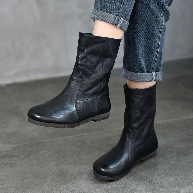 Women's Leather Round-Toe Calf Boots – Casual Comfortable Shoes