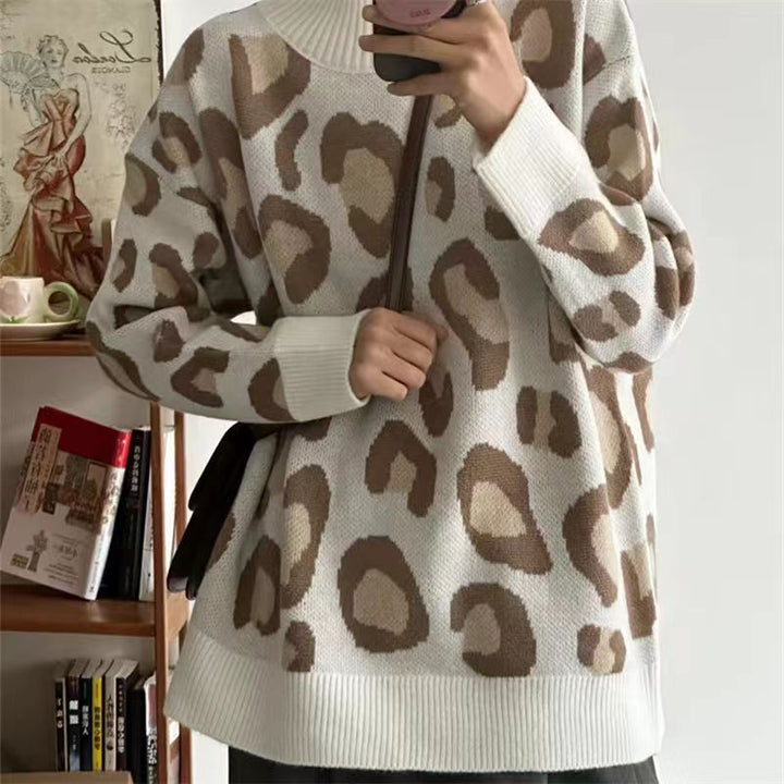 Women's Leopard Print Sweater Winter Warm Turtleneck Oversized Pullover Jumper