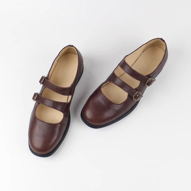 Women's Handmade Leather Classic British Style Double Buckle Mary Jane Shoes