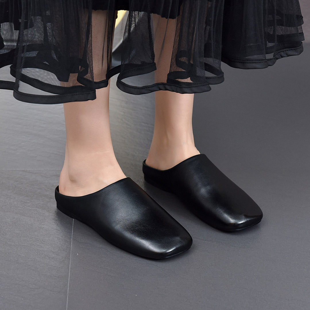 Women's Minimalist Square Toe Leather Slides - Zen Style Summer Mules Flat