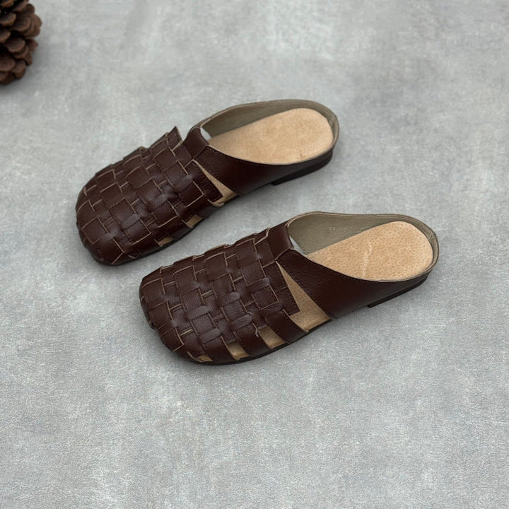 Women's Artisanal Square Toe Leather Woven Mules - Lightweight Unlined Flats
