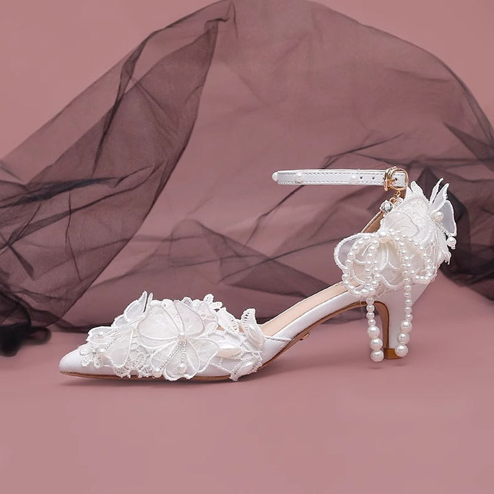 Elegant Pearl Lace Flower Wedding Shoes High Heels