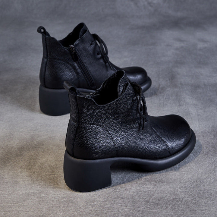 Women's Casual Lace-Up Ankle Boots – Round Toe Block Heel with Side Zipper
