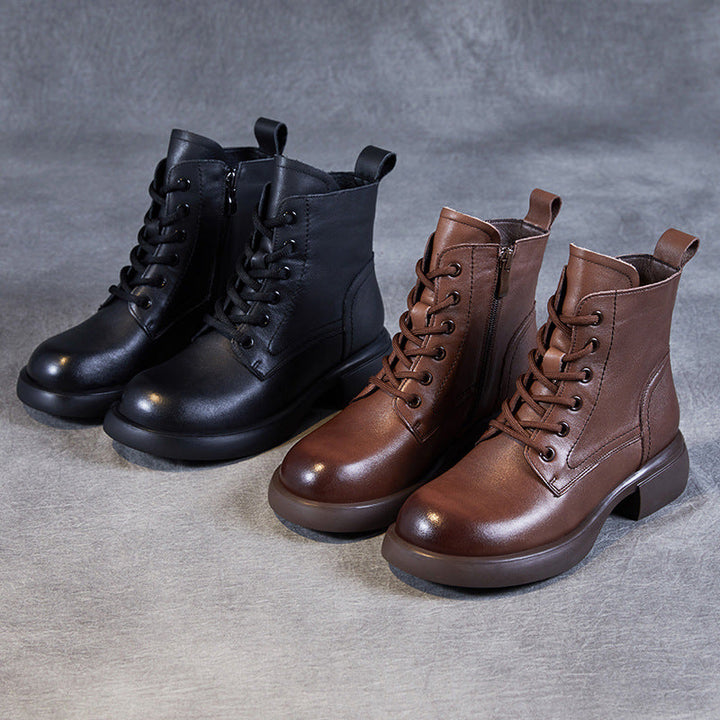 Women's Genuine Leather Lace-Up Side Zip Ankle Boots – Casual & Versatile