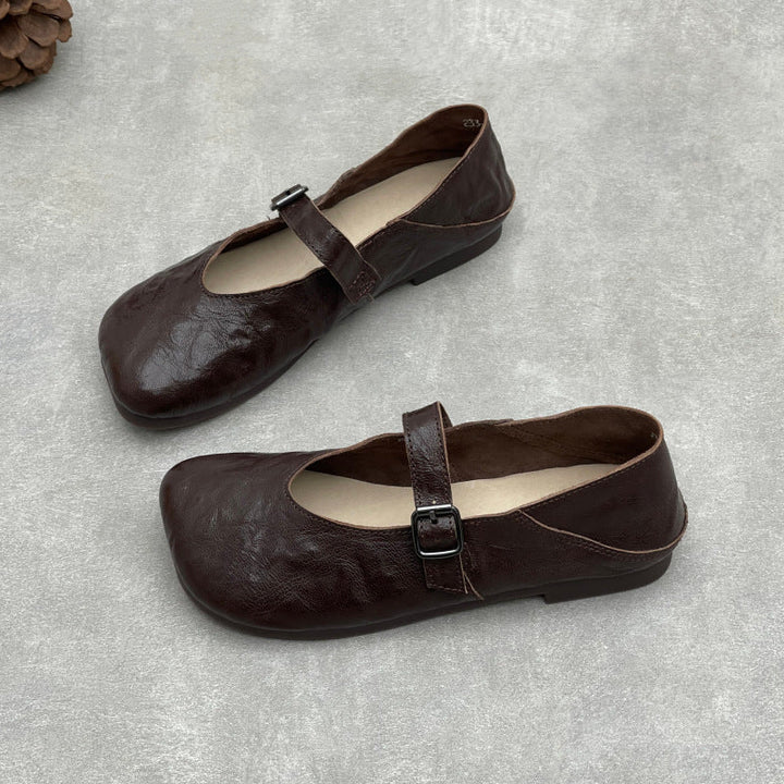 Women’s Handmade Sheepskin Mary Jane Flats – Square Toe V-Cut Comfortable Shoes