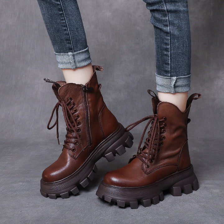 Women's Chunky Sole Combat Boots – Genuine Leather Lace-Up Ankle Boots
