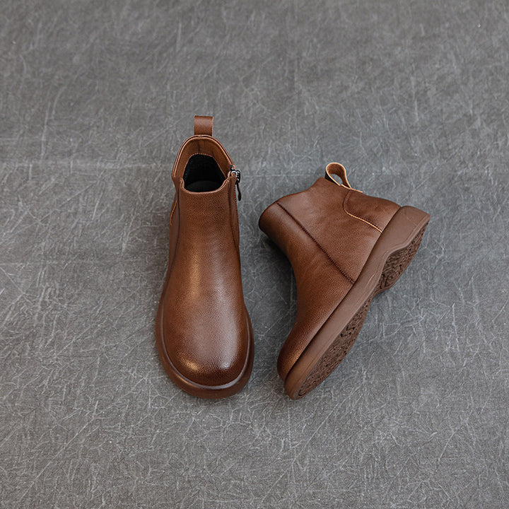 Women's Comfortable Leather Ankle Boots – Low Heel with Side Zipper