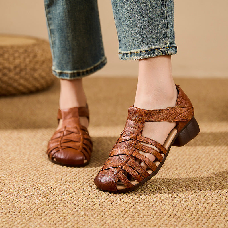 Women's Low Block Heel Fisherman Sandals Velcro Retro Gladiator Woven Strappy Shoes