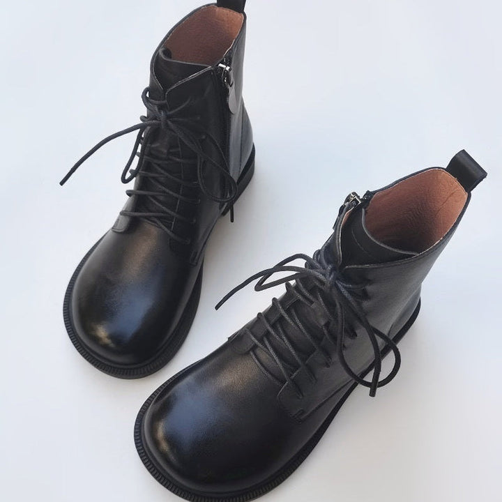 Women's Vintage Wide Toe Genuine Leather Ankle Boots – Handmade, Soft Sole, British Style