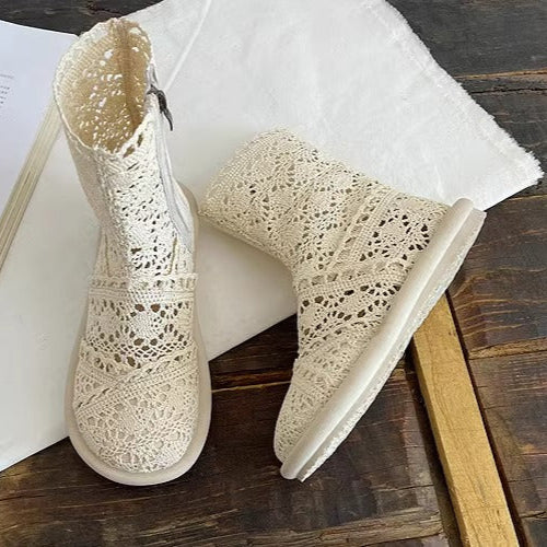 Women's Summer Literary Style Lace Side Zipper Wide Toe Box Short Boots