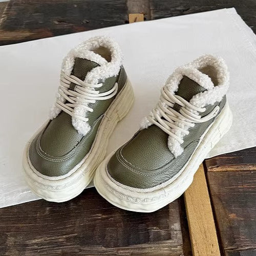 Women's Winter Chunky Leather Lace-Up Shoes – Fleece-Lined & Ugly-Cute Design