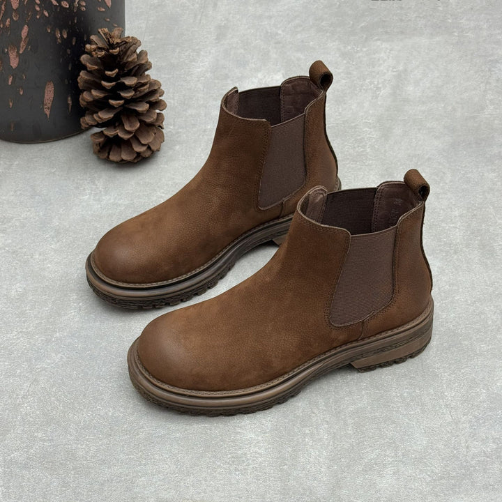 Women's Top-Grain Leather Chelsea Ankle Boots Slip On Low Platform Heel Booties