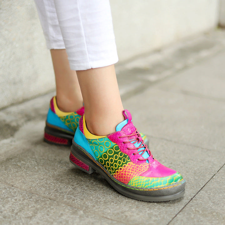 Dopamine Style Vibrant Leather Flats for Women - Artsy Geometric Print Lace-up Casual Shoes
