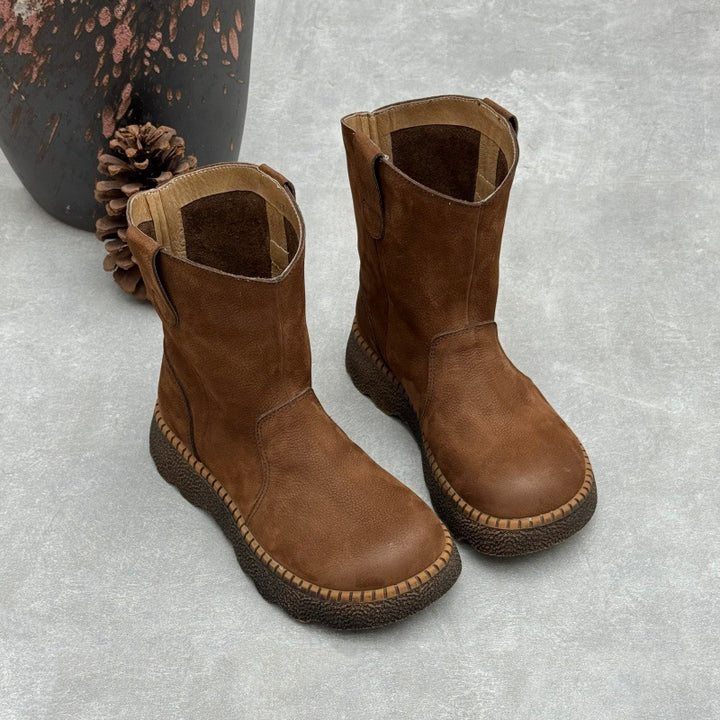 Women's Genuine Leather Mid-Calf Boots Vintage Round Toe Slip-on Winter Shoes