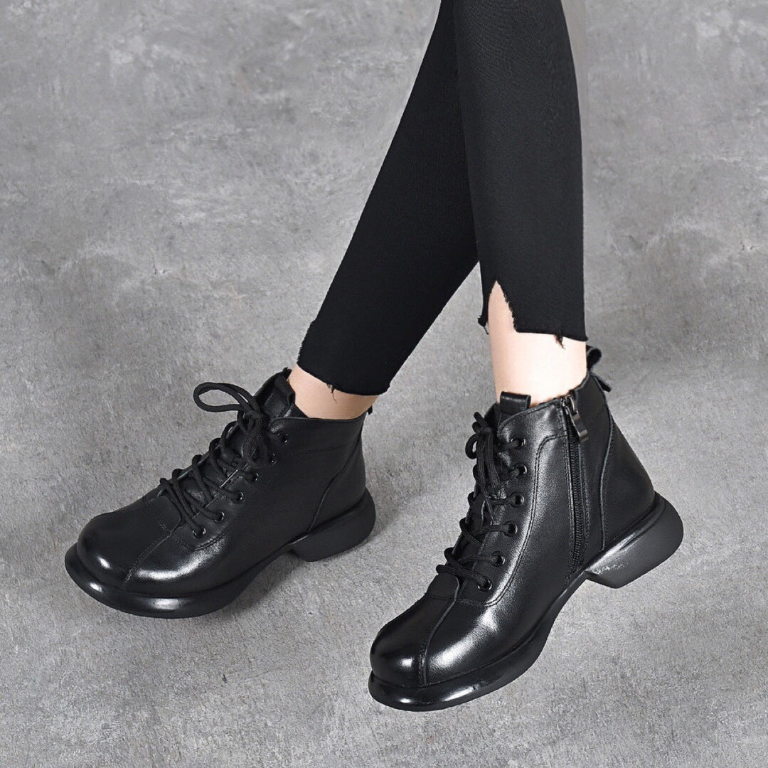 Women’s Vintage Leather Lace-Up Ankle Boots – Mid Heel Side Zip Design