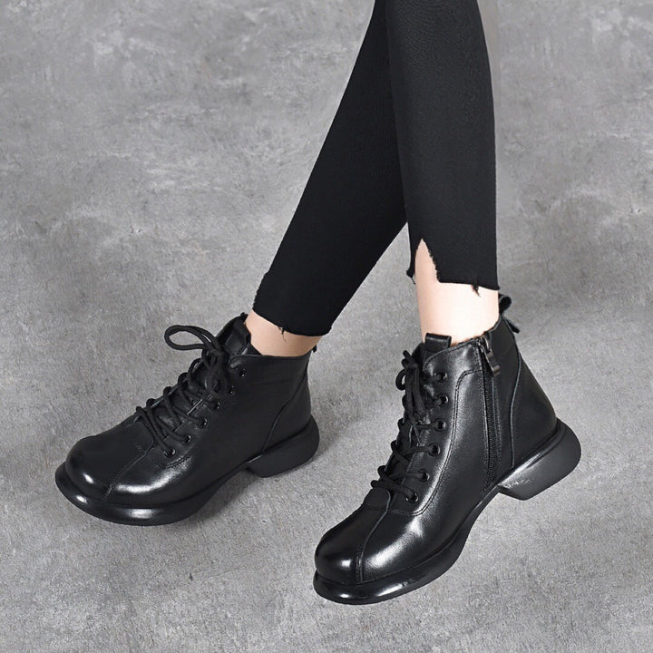 Women’s Vintage Leather Lace-Up Ankle Boots – Mid Heel Side Zip Design