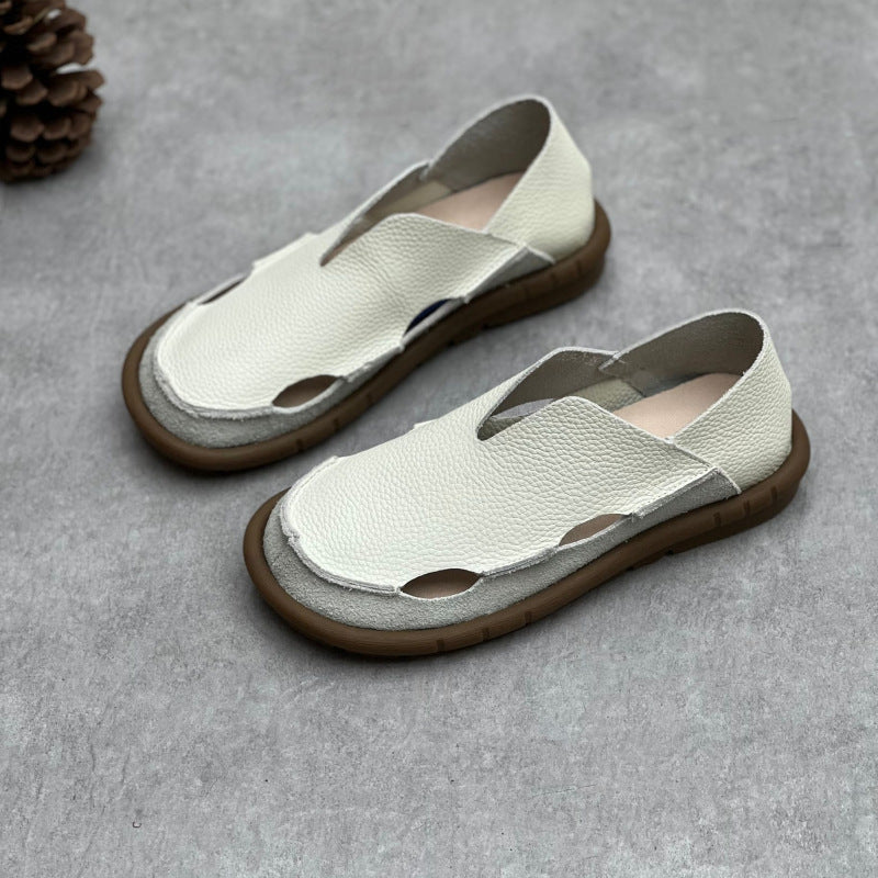 Women's Soft Pebble Grain Leather Loafers - Cut-Out Closed Round Toe Slip-On Flat Sandals Comfort Walking Shoes