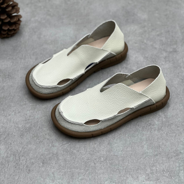 Women's Soft Pebble Grain Leather Loafers - Cut-Out Closed Round Toe Slip-On Flat Sandals Comfort Walking Shoes
