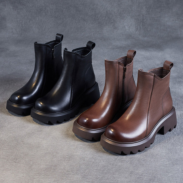 Women's Leather Ankle Boots – Platform Chunky Mid Heel with Side Zipper