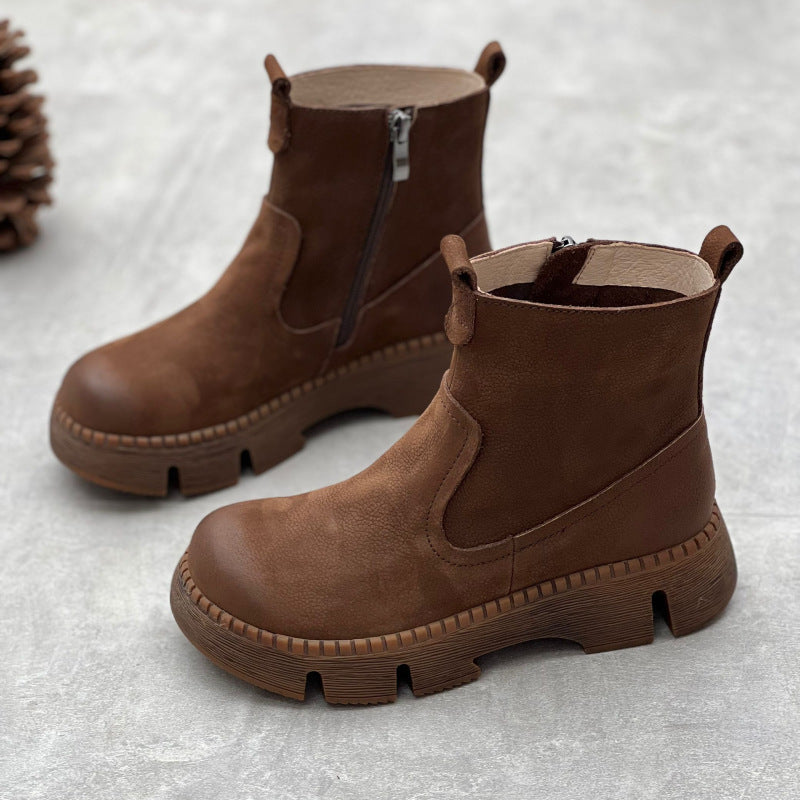 Women's Leather Side Zipper Platform Boots – Comfortable & Casual