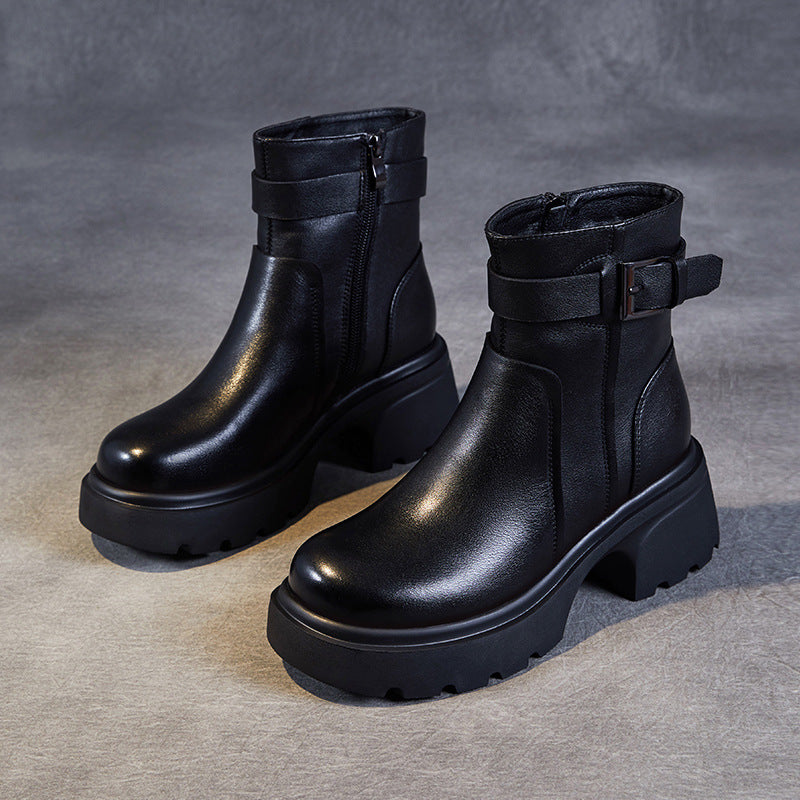 Women's Stylish Genuine Leather Platform Boots – Chunky Heel, Buckle & Side Zip