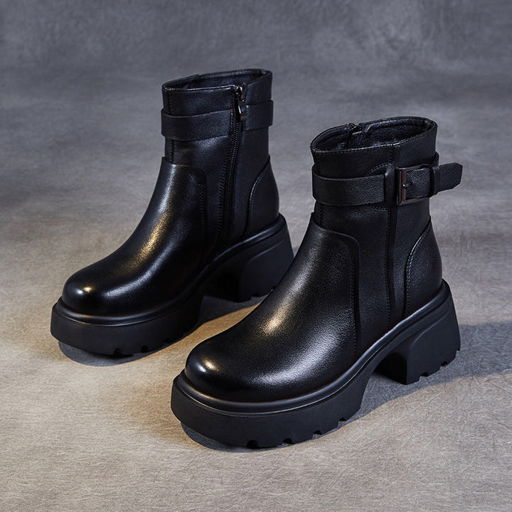 Women's Stylish Genuine Leather Platform Boots – Chunky Heel, Buckle & Side Zip