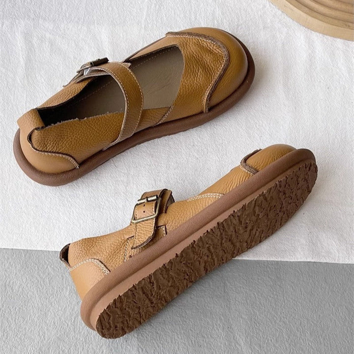 Women's Soft Leather Casual Flat Mary Jane Shoes with Buckle