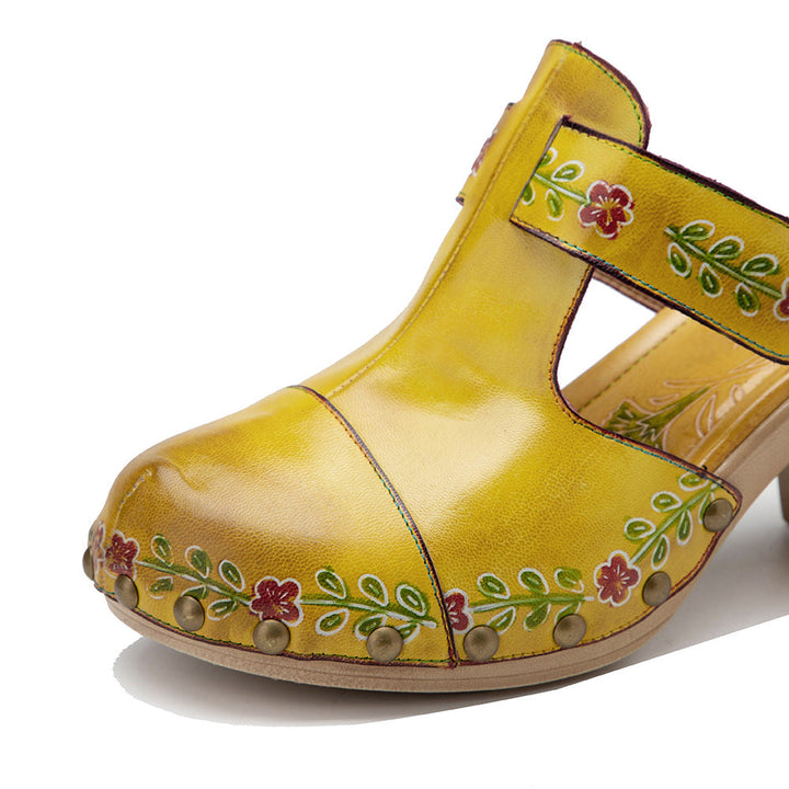 Boho Artisan Leather Mules for Women - Floral Printed Summer Sandals with Unique Studded Heel