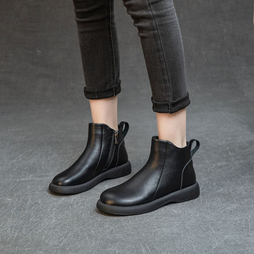 Women's Comfortable Leather Ankle Boots – Low Heel with Side Zipper
