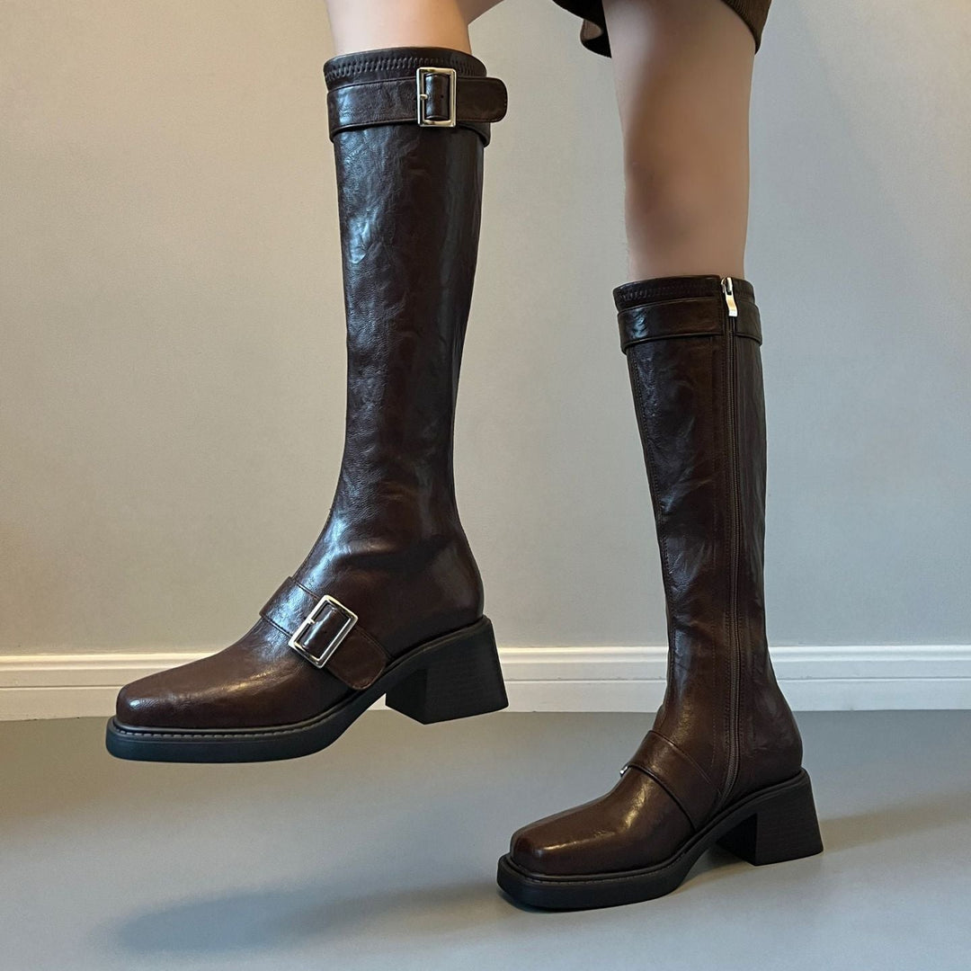 Women's Vintage Knee High Zipper Boots - Square Toe Buckle Strap Chunky Block Heel Riding Boots