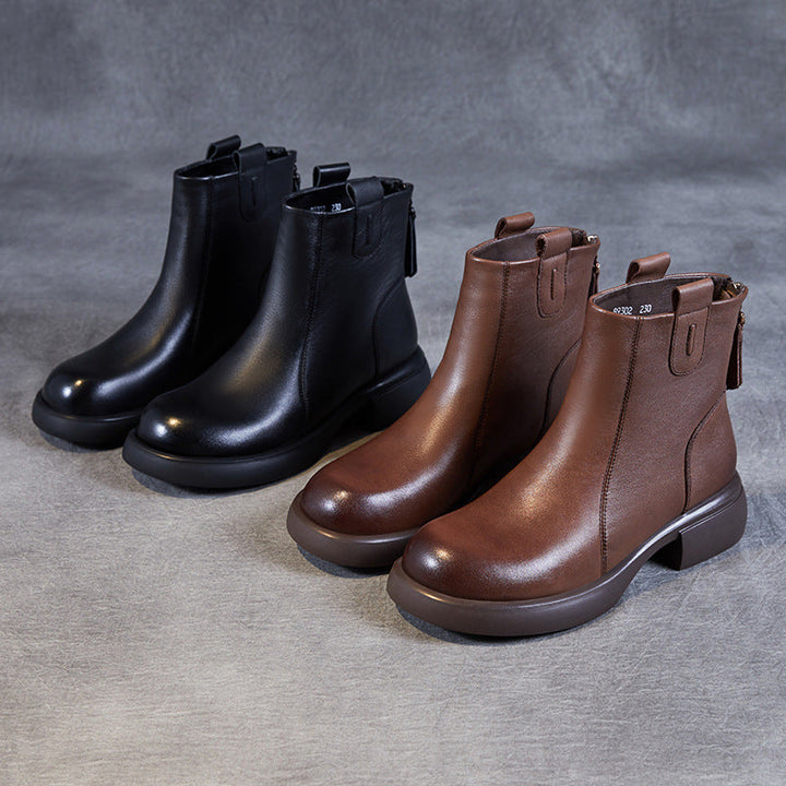 Women's Low Heel Casual Genuine Leather Boots with Back Zipper