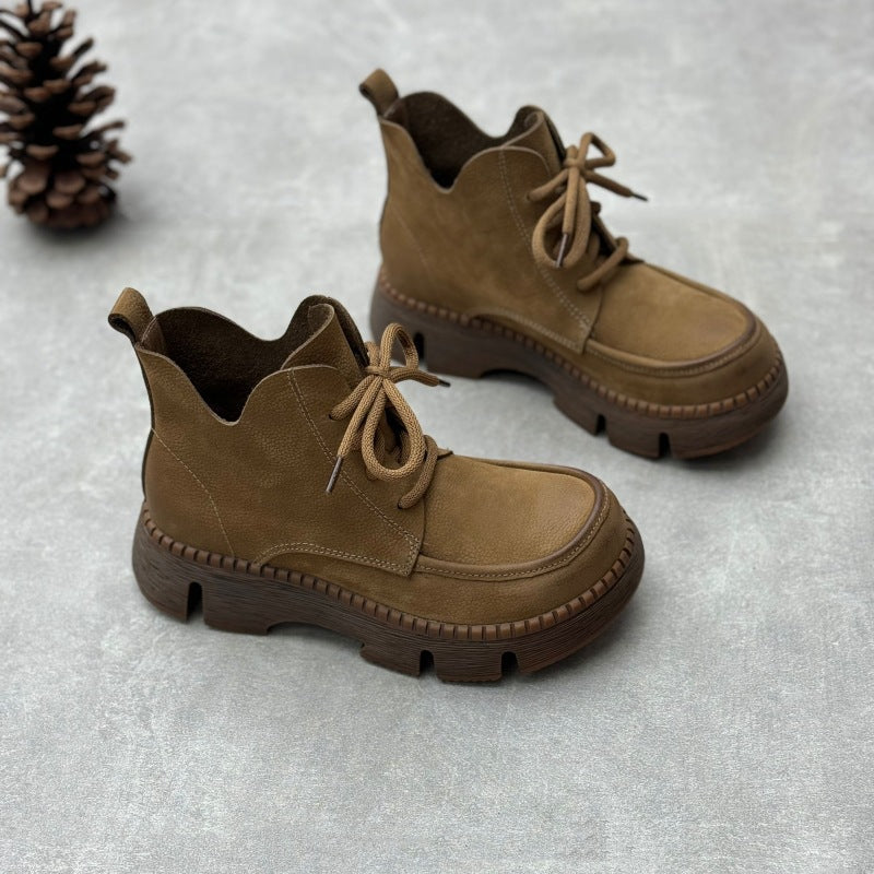 Women's Vintage Leather Lace-Up Boots – Soft Platform Short Ankle Shoes