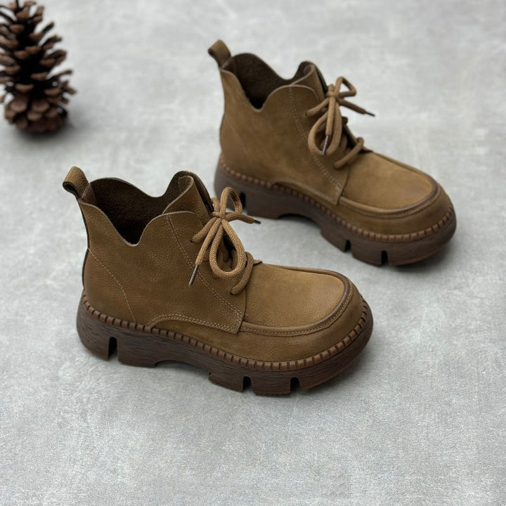 Women's Vintage Leather Lace-Up Boots – Soft Platform Short Ankle Shoes