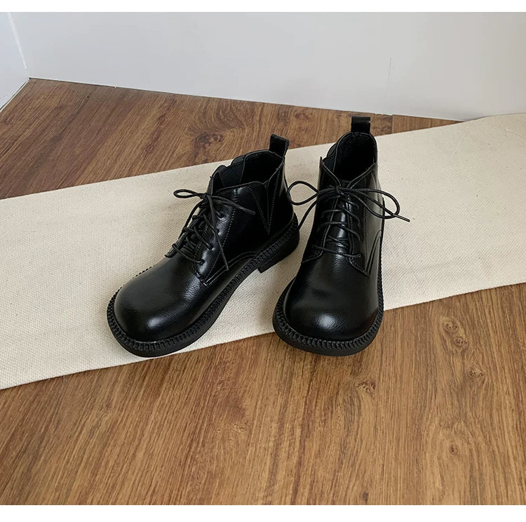 Women's Vegan Leather Ankle Boots Lace Up Casual Low Heel Booties Comfortable Walking Shoes